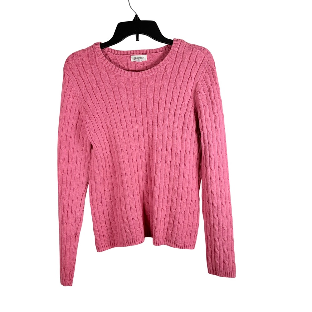 St Johns Bay Cable Knit Crew Neck Sweater Pink Cotton Blend Preppy Classic L